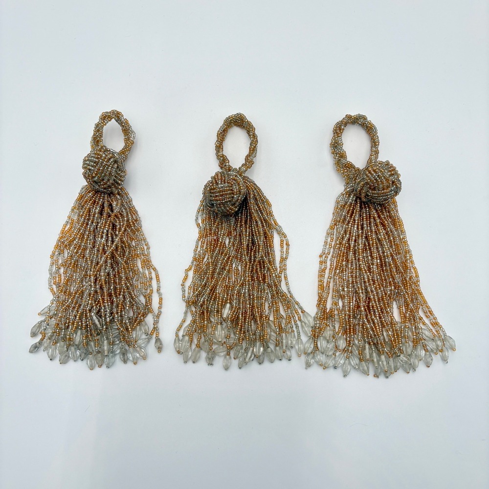 Set of 3 Beaded Tassel Napkin Rings Tie Backs Vintage Gold Silver Boho‎ Decor